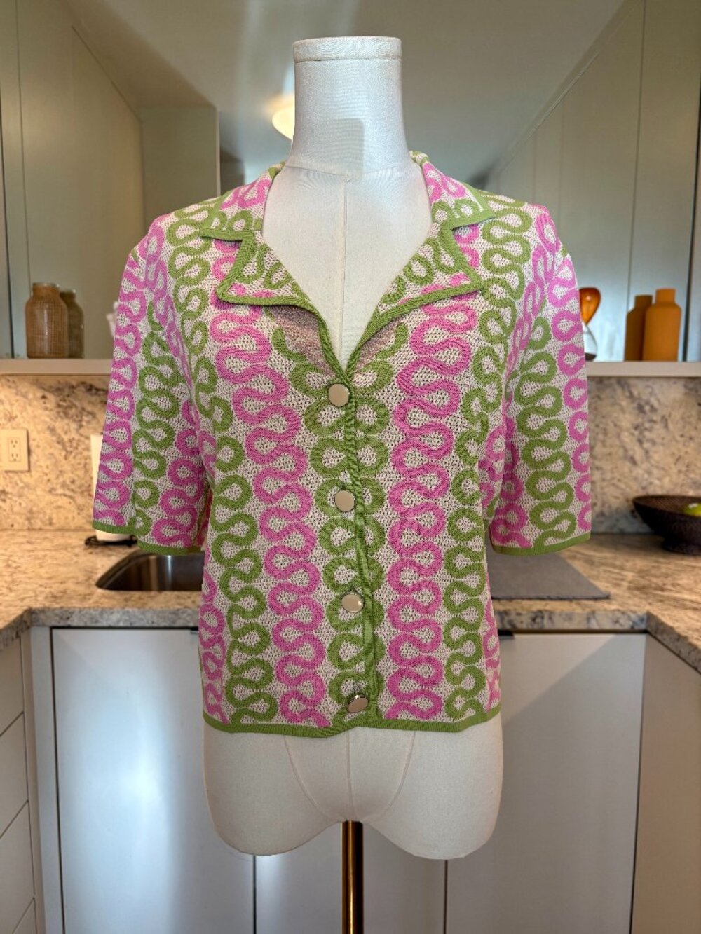House of Harlow 1960 Pink & Green Patterned Knit Collared Cardigan - Small